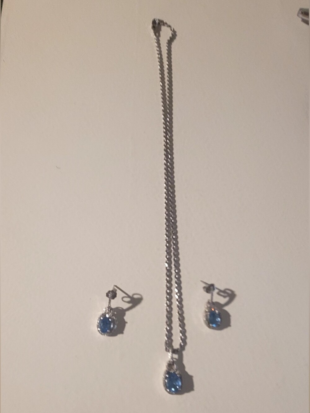 Blue Topaz Crystal Pendant Necklace and Earring Set In Sterling Silver